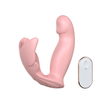 Butterfly-inspired dual vibrator with a white remote control on transparent background