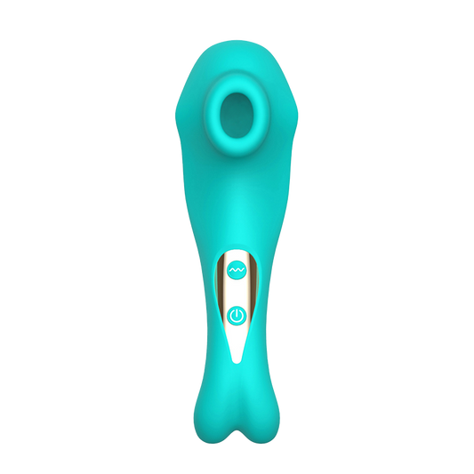 Turquoise handheld clit sucking vibrator on a white background