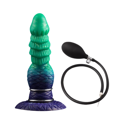 Turquoise and purple silicone dildo with black pump on a white background