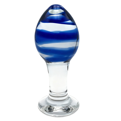 Glass anal plug with blue and clear striped design on a white background