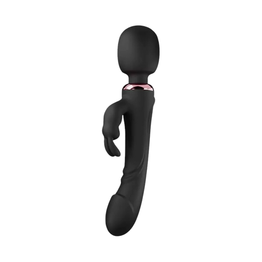 Black handheld wand vibrator and rabbit clitoral stimulator with pink band on a white background