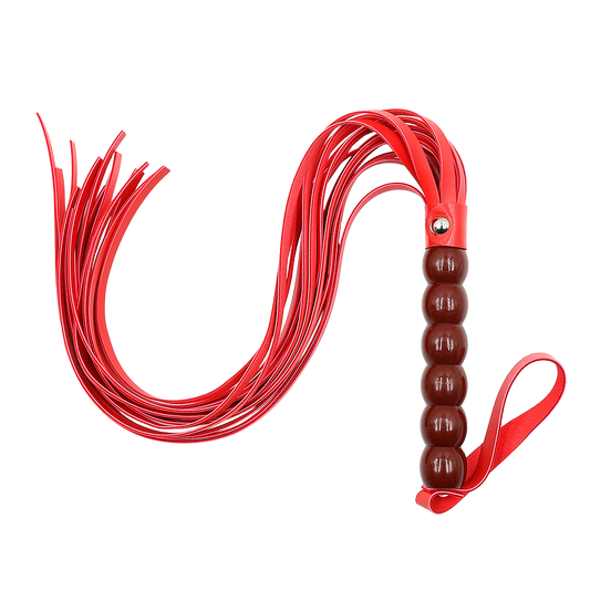 Red leather whip with glossy beaded handle on a white background