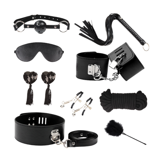 Collection of black leather bondage accessories on a white background