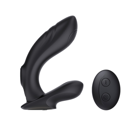 Black curved butt plug with a black remote control on a transparent background